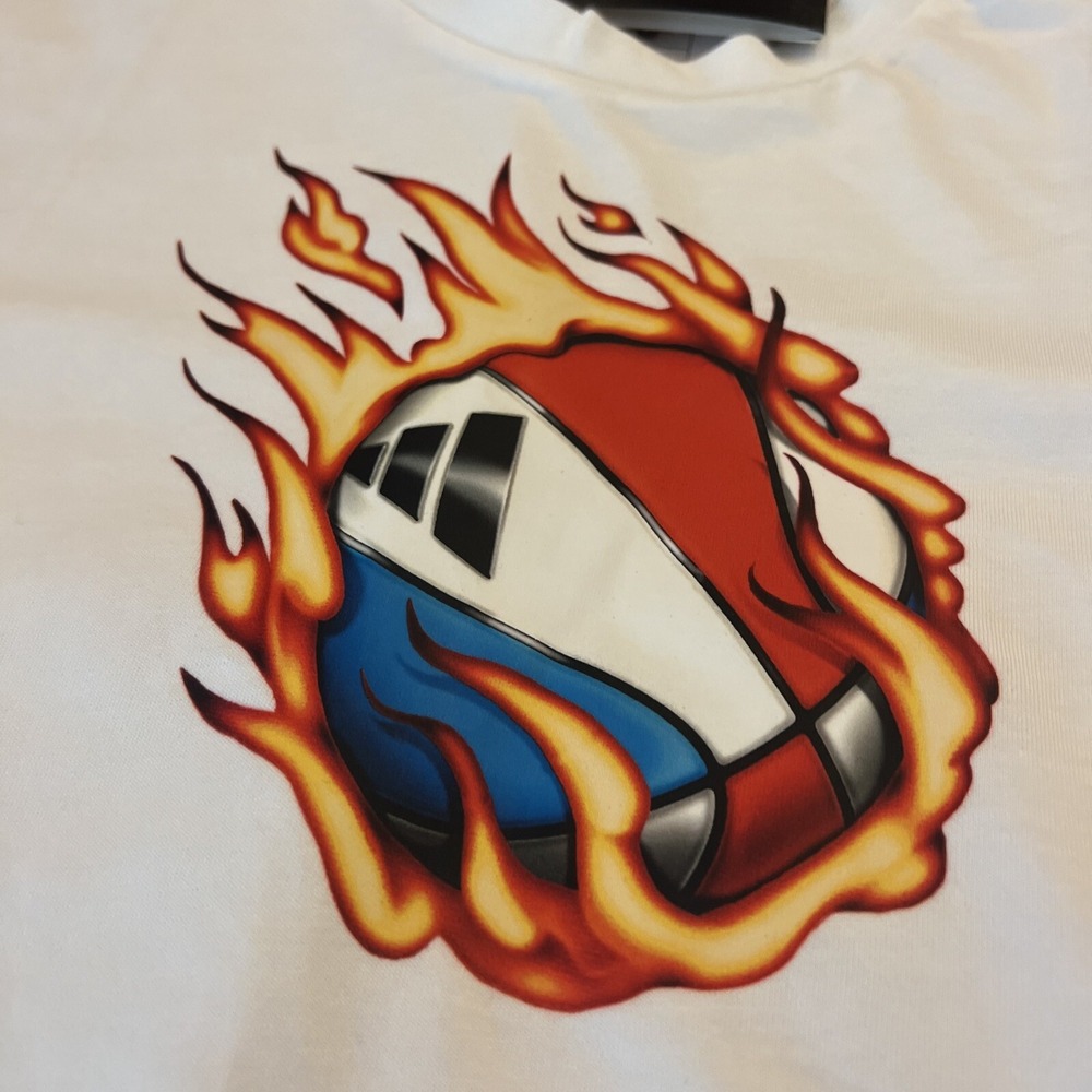 Medium - Adidas Originals Graphics On Fire Basketball White Tee Loose Fit Shirt